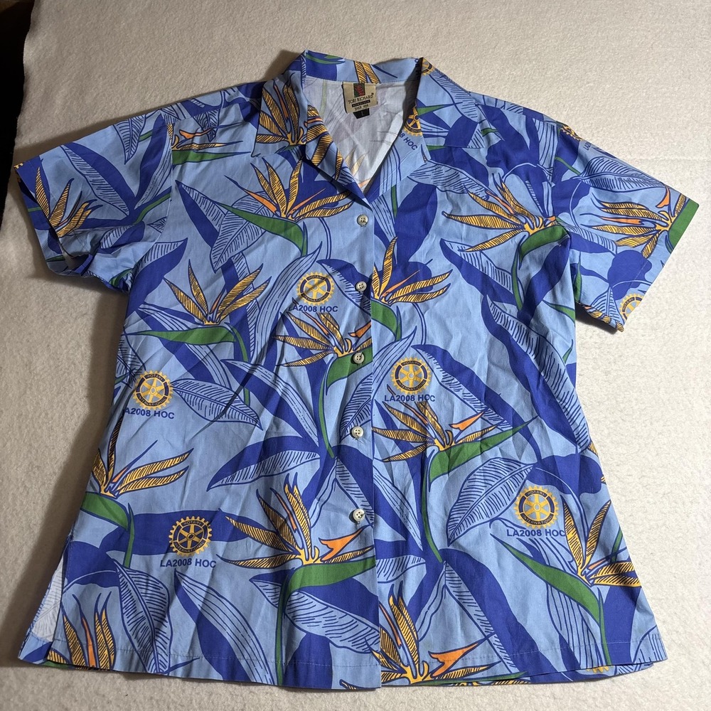 Tori Richard Shirt Womens Large Blue Floral Hawaiian Rotary LA2008 HOC Button Up